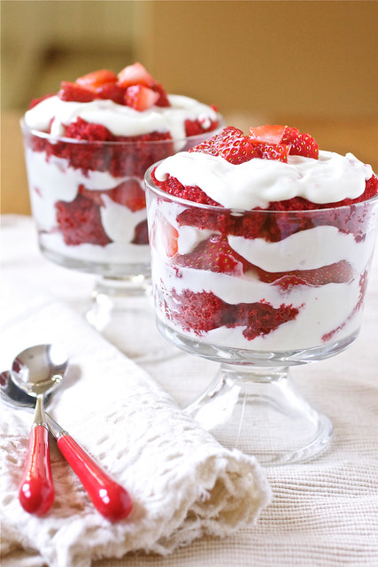 Red Velvet and Strawberry Trifles with Cheesecake Filling