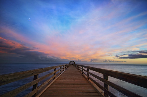 ocean wood sunset sky moon seascape beach water colors clouds hawaii pier pacific kauai