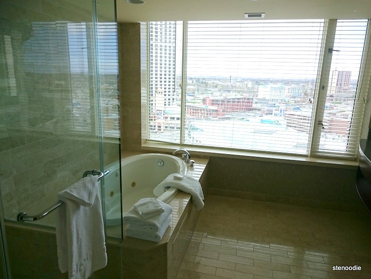 Bathroom with Jacuzzi and city window view