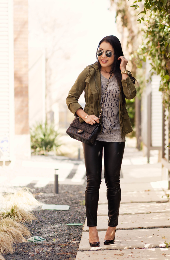 cute & little | petite fashion blog | casual edgy outfit | utility jacket, graphic tee, leather ponte pants, ray-ban mirrored aviators