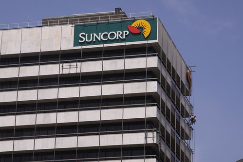 Upper levels of the Suncorp building, repairs being carried out to the marble facade panels