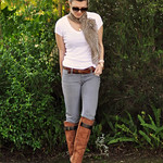 gray jeans- white t - brown boots
