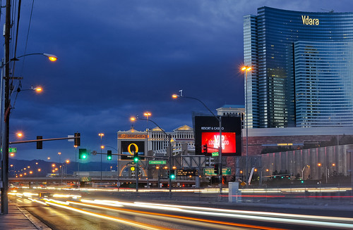 city longexposure blue sky color skyline architecture night hotel nikon view traffic lasvegas streetlights contemporary nevada over casino structure bluehour february citycenter deathray 2012 traffictrails lightstream highway15 deanmartindrive d700 vdara