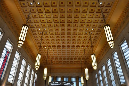 Coffered Ceiling and Art Deco Lights at 30th Street Station