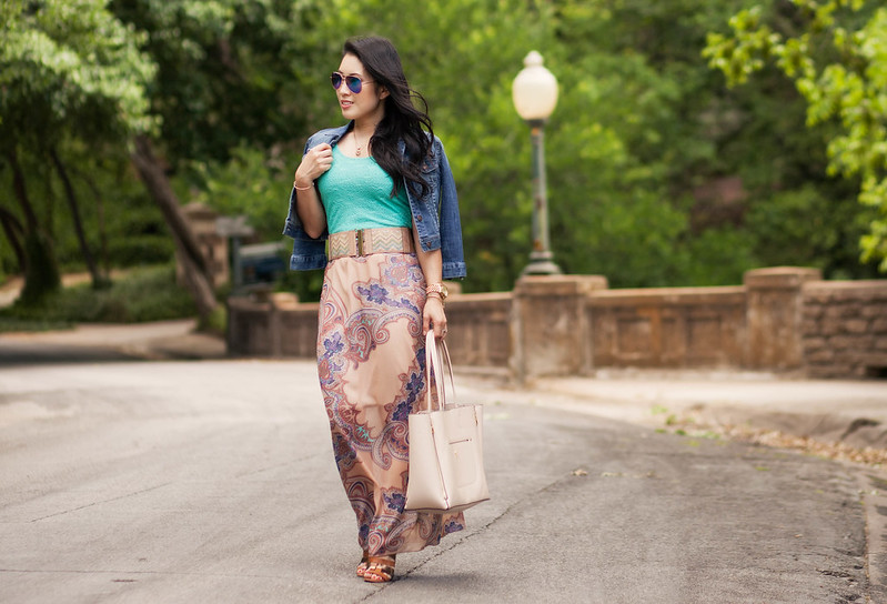 cute & little blog | denim jean jacket, white plum marseille printed paisley chiffon maxi dress, brown strappy sandals, mirrored aviators | spring summer outfit