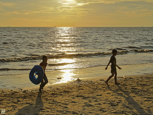 sunset sea beach kids morib