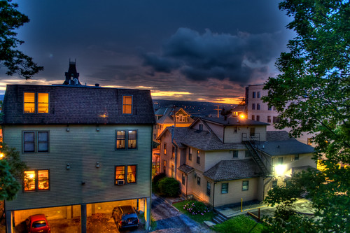 city trees houses light sunset summer sky newyork night clouds yard buildings twilight view dusk horizon ithaca collegetown hdr