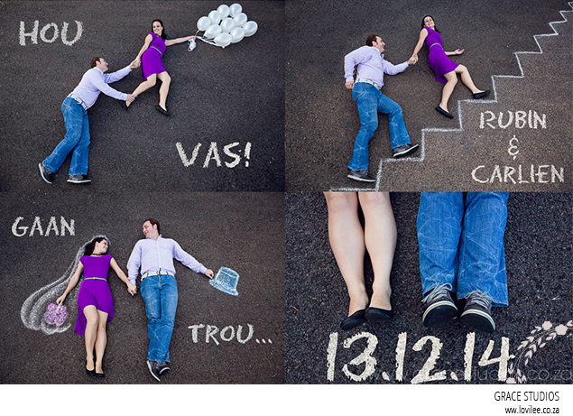 Chalk on a tar road save the date by Grace Studios