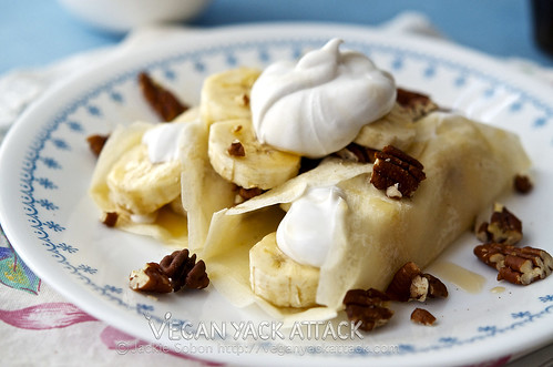 Banana Coconut Cream Crepes - Vegan crepes filled with banana slices and topped with easy-to-make Coconut whip! Perfect for brunch.