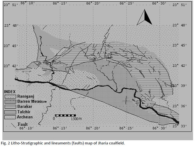 Litho-Stratigraphic and lineaments (faults) map of Jharia coalfield