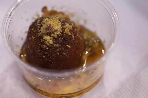 Red Butter - bacon-chile gulab jamun topped with bacon-pistachio brittle