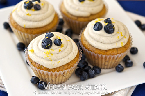 These Berry-Filled Banana Cupcakes with Lemon Coconut Frosting are delightfully moist, and made without vegan butter or shortening! Vegan, Soy-free