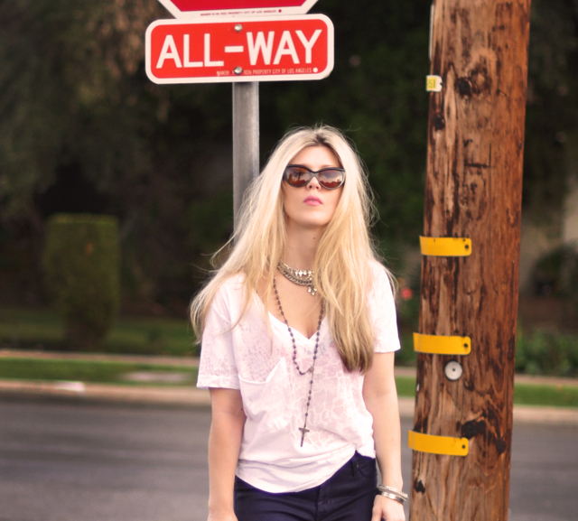 street corner-stop sign - long blonde hair