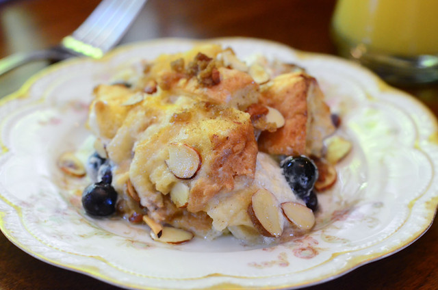 Blueberry Almond French Toast Bake on a china plate.