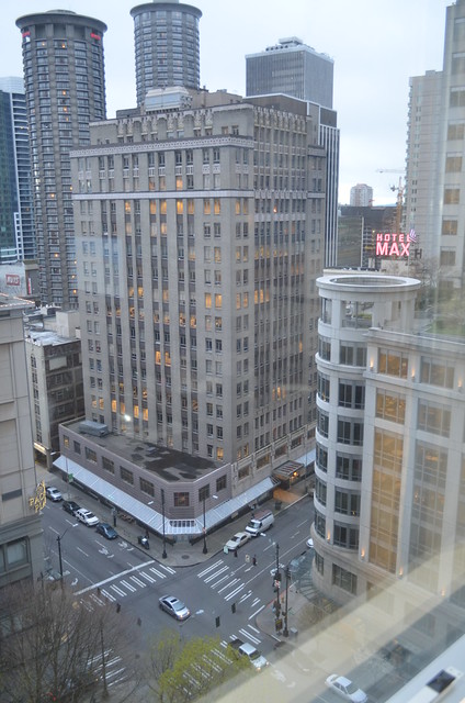 A view of downtown Seattle, taken from a hotel room.