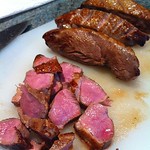 Duck breast, slice and sprinkle with salt and pepper
