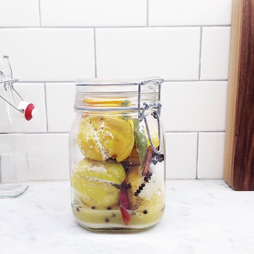 Finally got around to making a batch of preserved lemons. Lots of good things in here: thai chile, cinnamon stick, bay leaf, cloves, peppercorns, star anise. A Meyer lemon snuck in!