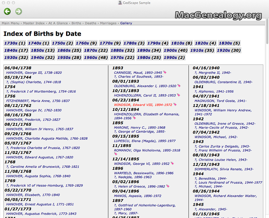 Mac Genealogy Software - GedScape Births