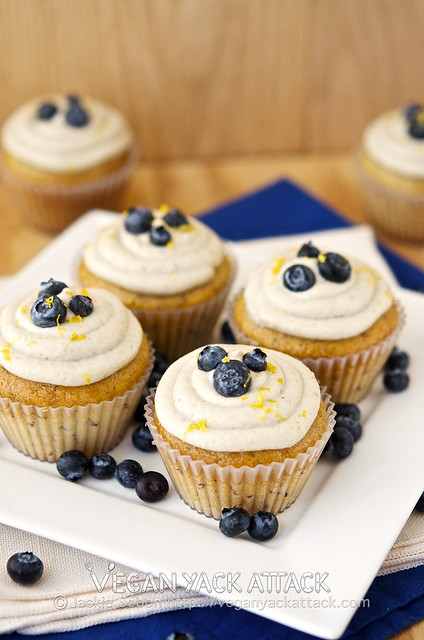 These Berry-Filled Banana Cupcakes with Lemon Coconut Frosting are delightfully moist, and made without vegan butter or shortening! Vegan, Soy-free