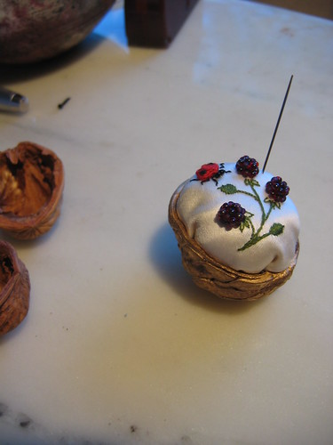 Boysenberries and ladybird in Walnut pincushion