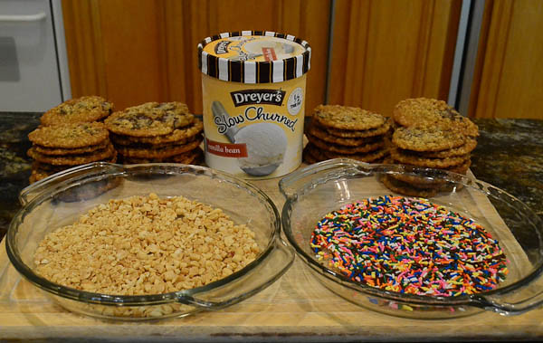 Piles of cookies are behind a dish of rice krispies and sprinkles with a tub of ice cream in the middle.