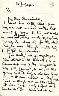Elton to Sherrington - 31 July 1916 (S/3/4/1/5)