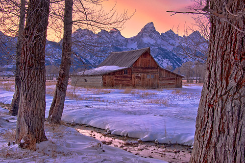 winter sunset snow barn wyoming tetons jacksonhole grandtetonnationalpark mormonrow mormonbarn nikond700 nikon2830mm