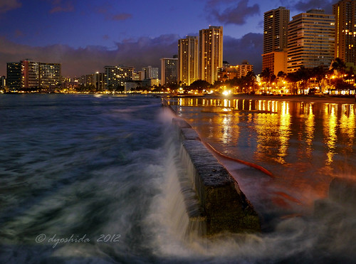 usa beach night hawaii waikiki citylights honolulu bluehour wavebreak
