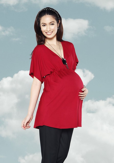 [Photo 5] - Black maternity pants, red empire cotton top with deep V neckline