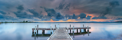 old sunset lake reflection water clouds pier belmont pano jetty australia panoramic nsw newsouthwales d700 brucehood squidsinkjetty