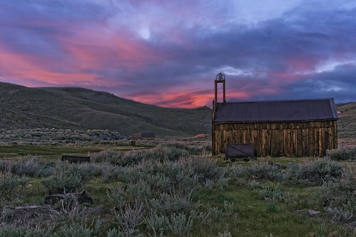 ca pink sunset sky usa town ghost mining bodie firehouse