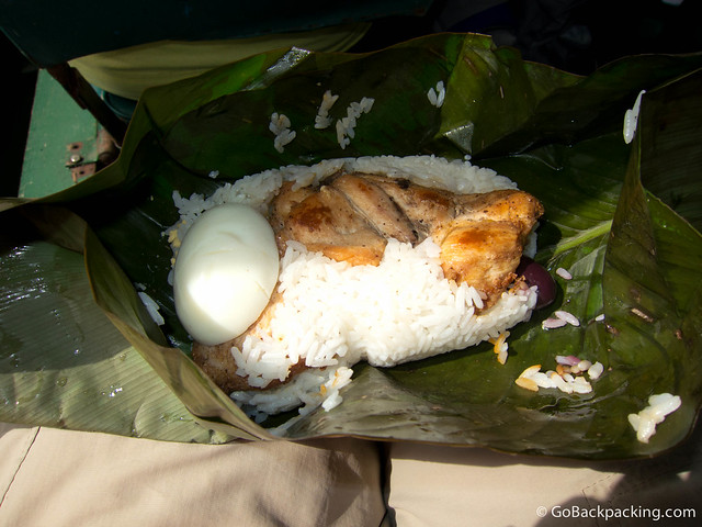 Rice and chicken packaged in a green leaf so we could eat during a boat ride