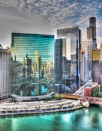 from bridge usa chicago building tower skyline buildings reflections river hotel us office illinois branch cta unitedstates room sears south il ponte brücke hdr willis skyscaper viewed skyscapers colorphotoaward