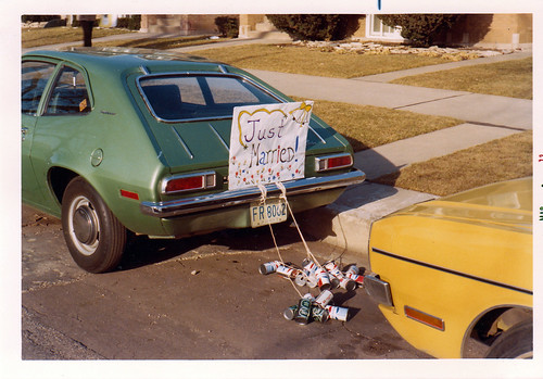 Sammy our Ford Pinto bearing wedding sign