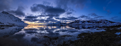sunset sea panorama snow mountains nature water norway reflections time pano nor techniques nordland sennesvik
