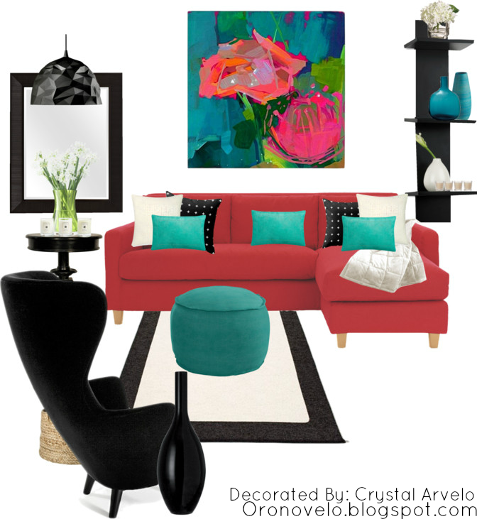 red couch with turquoise