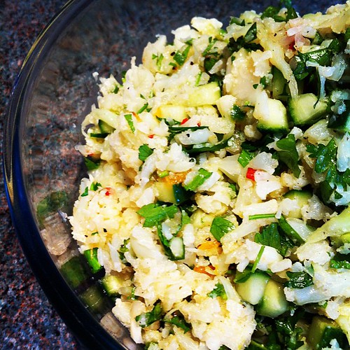 Cauliflower, tangerine, chilli and cucumber #salad. Fake couscous! #lowcarb #lchf #paleo #clean