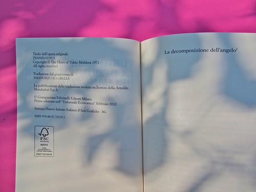 Yukio Mishima, La decomposizione dell'angelo. Feltrinelli 2012. Art director: Cristiano Guerri. In cop.: ©Araki. Colophon e p. 7 (part.), 1