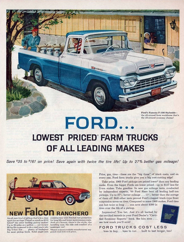 1960 Ford pickup truck ad feat. F-100 and Ranchero