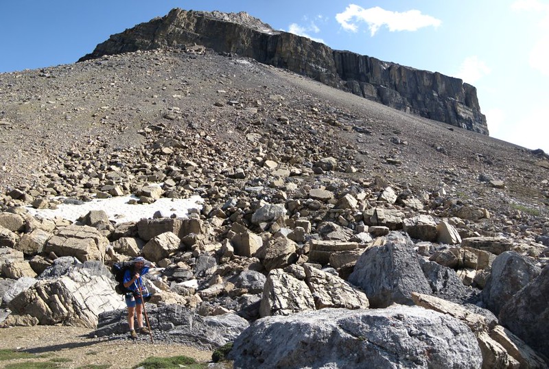 Talus and scree at Boulder Pass while looking up at Redoubt Mountain from the Skoki Lakes Trail