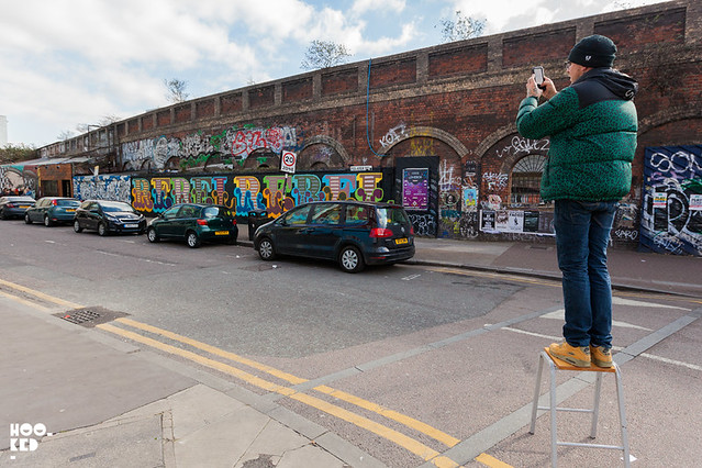 Brick Lane Street Art by British street artist Ben Eine, titled 'REBEL REBEL'