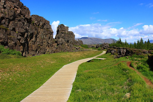 park blue sky panorama green rock landscape iceland scenery rocks view path national thingvellir þingvellir icelandic