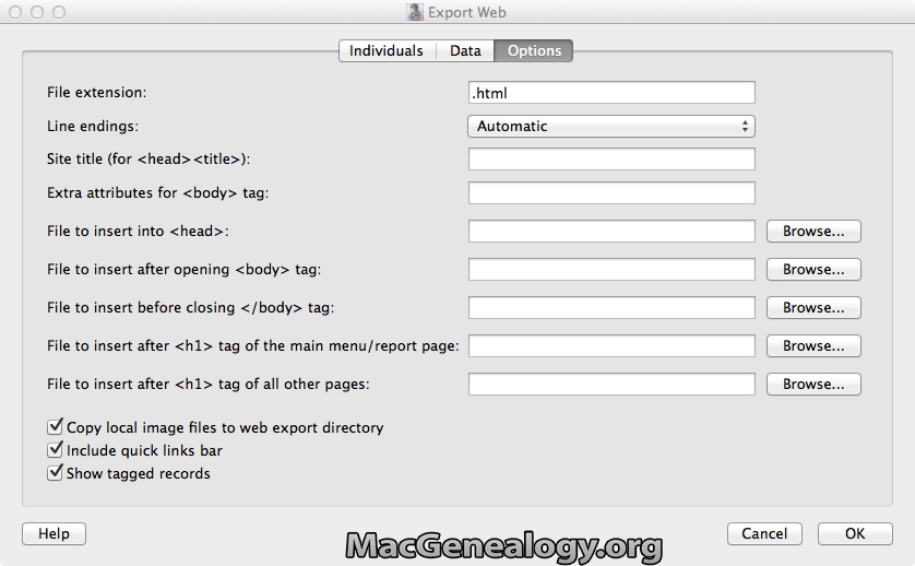 Mac Genealogy Software - GedScape Exporting - Web Options