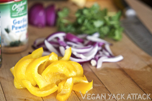 Sliced bell peppers, red onion, and cilantro