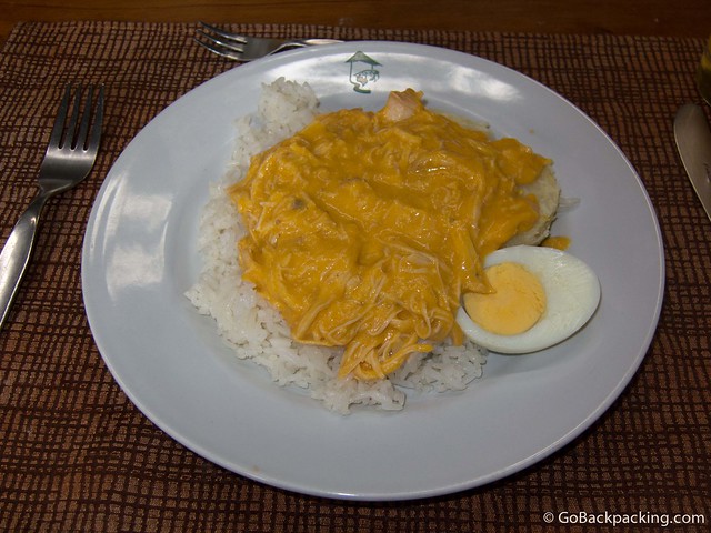 Aji de gallina (chicken with a creamy sauce over rice and potatoes) is a Peruvian classic