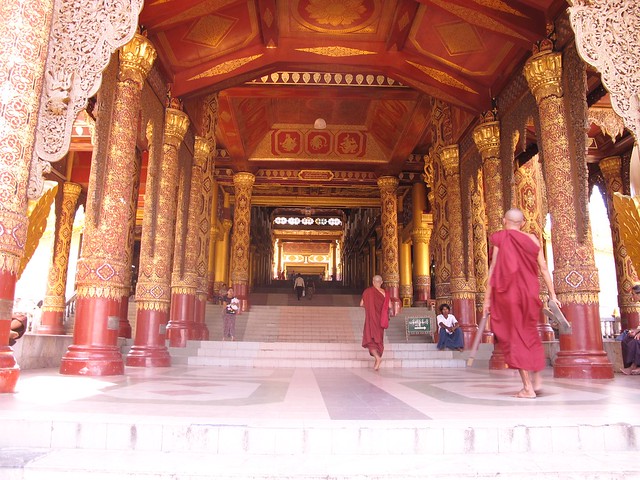 Beautiful Burma temple views with monks walking around 