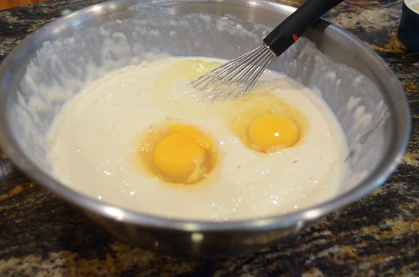 Eggs are added into the mixture.