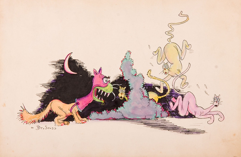 Theodore Geisel (Dr. Seuss) - Dog Wearing a Scary Mask and Frightening Three Cats, 1935