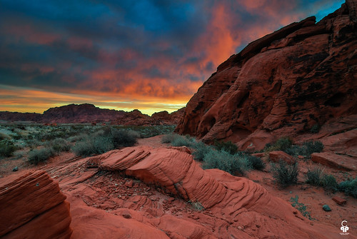 red orange rock sunrise fire sand desert nevada brush sage vof
