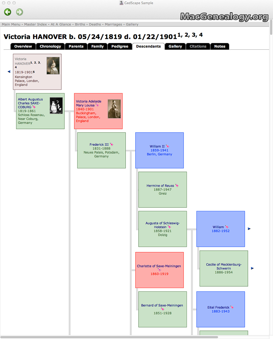 Mac Genealogy Software - GedScape - Individual Descendants